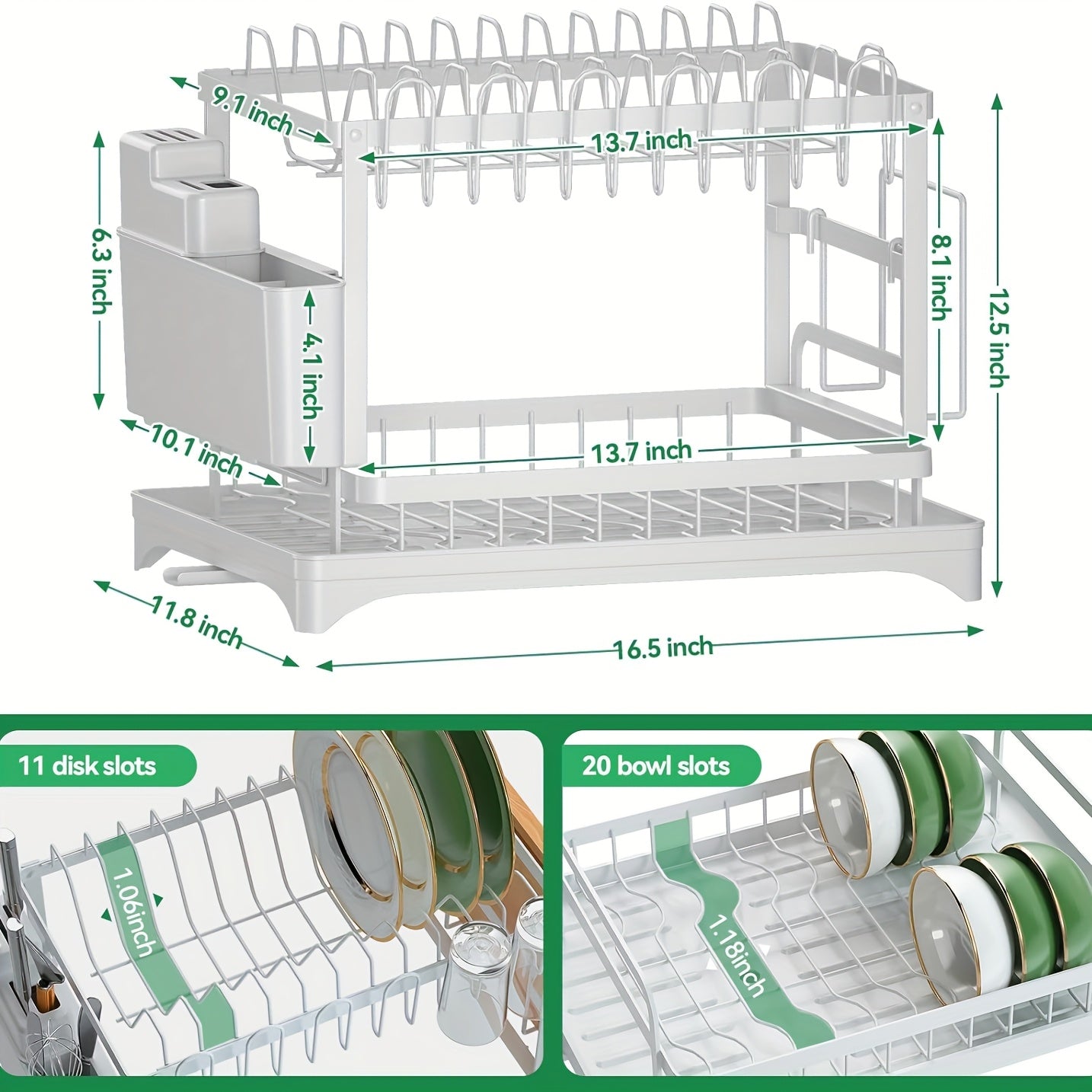 Multifunctional Dish Rack Organizer, Rustproof 2-Tier Dish Drying Rack with Drainer Plate, Space Saving for Cutlery, Knives, Wooden Cutting Boards - Modern Kitchen Shelf | Durable Metal Construction Kitchen Organizer Free Cleaning Cloth White, Dish Rack
