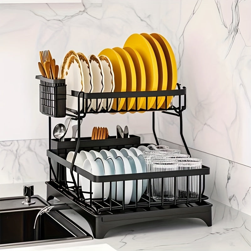 2-Tier Dish Drying Rack X-Large Stainless Steel Dish Rack For Kitchen Counter Dish Rack With Drainboard - Detachable, Carbon Steel Kitchen Organizer For Dishes, Cups & Cutlery Space-Saving Kitchen Organizers And Storage, Mother'S Day Gift