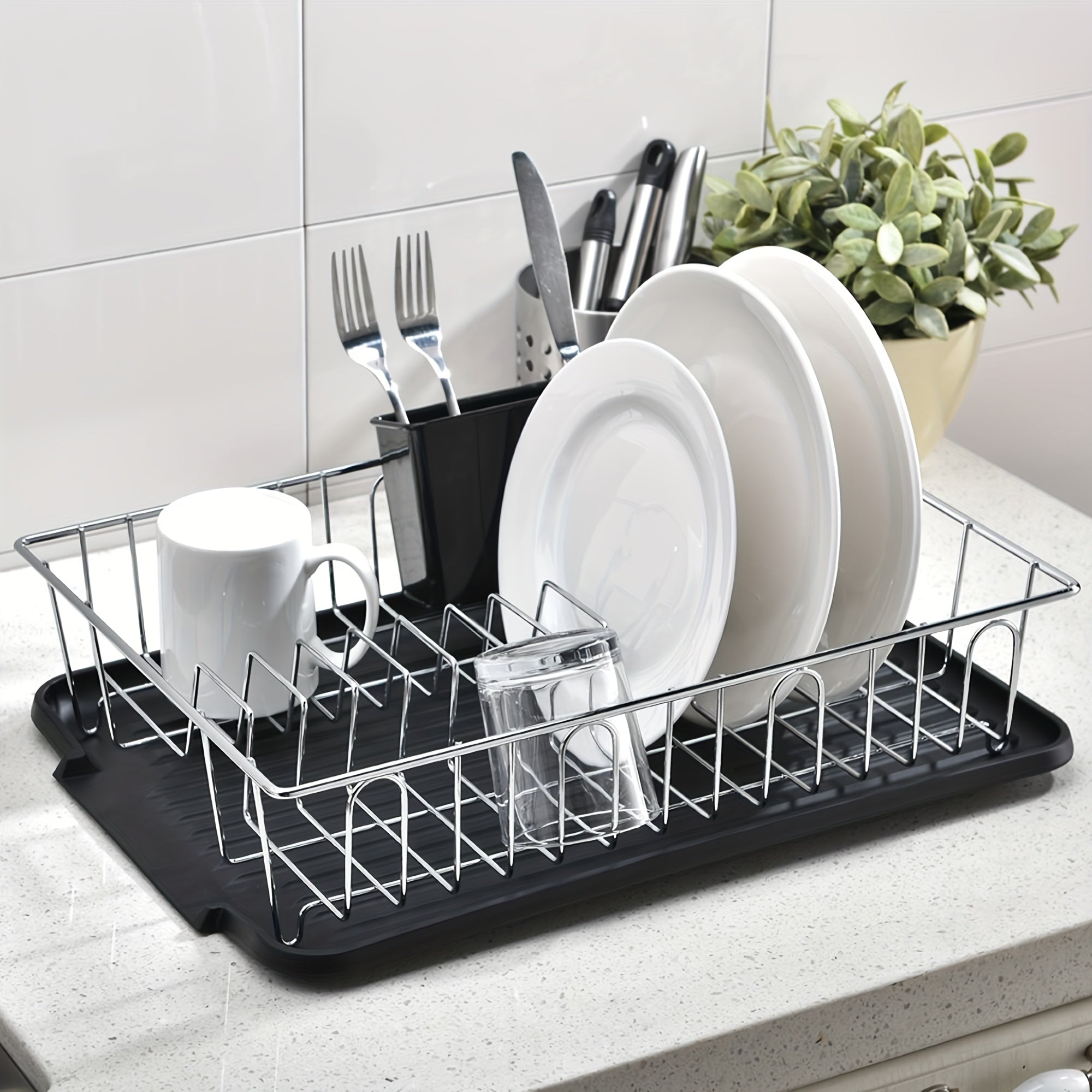 [1 Set Stainless Steel Drain Rack] 1 Set Rust Resistant Stainless Steel Tableware Drain Rack | Kitchen Counter Utensil Rack, Small Utensil Drain, with Black Utensil Rack And Drainage Board, Suitable for Kitchen And RV