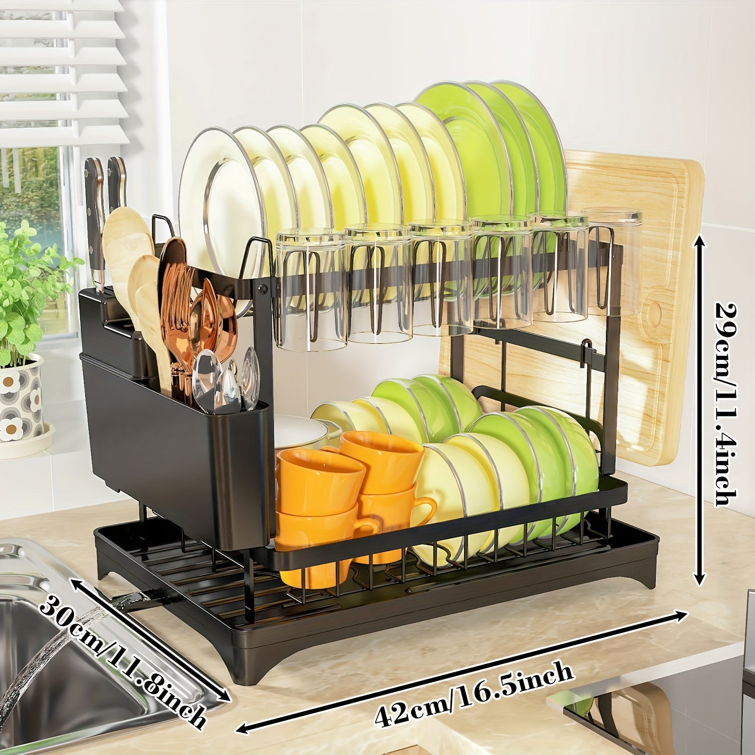 Dish Drying Rack, 2-Tier Dish Racks For Kitchen Counter, Dish Rack With Drainboard & Mat, Dish Drainer With Knife, Fork & Cup Rack, Gifts For Women, Mothers Day, Cool Stuff & Kitchen Gadgets
