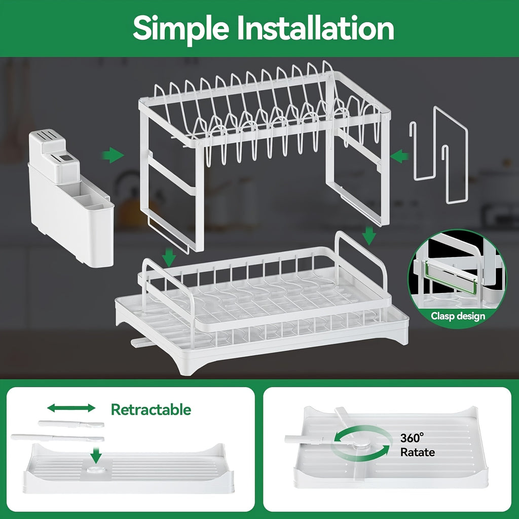 Multifunctional Dish Rack Organizer, Rustproof 2-Tier Dish Drying Rack with Drainer Plate, Space Saving for Cutlery, Knives, Wooden Cutting Boards - Modern Kitchen Shelf | Durable Metal Construction Kitchen Organizer Free Cleaning Cloth White, Dish Rack