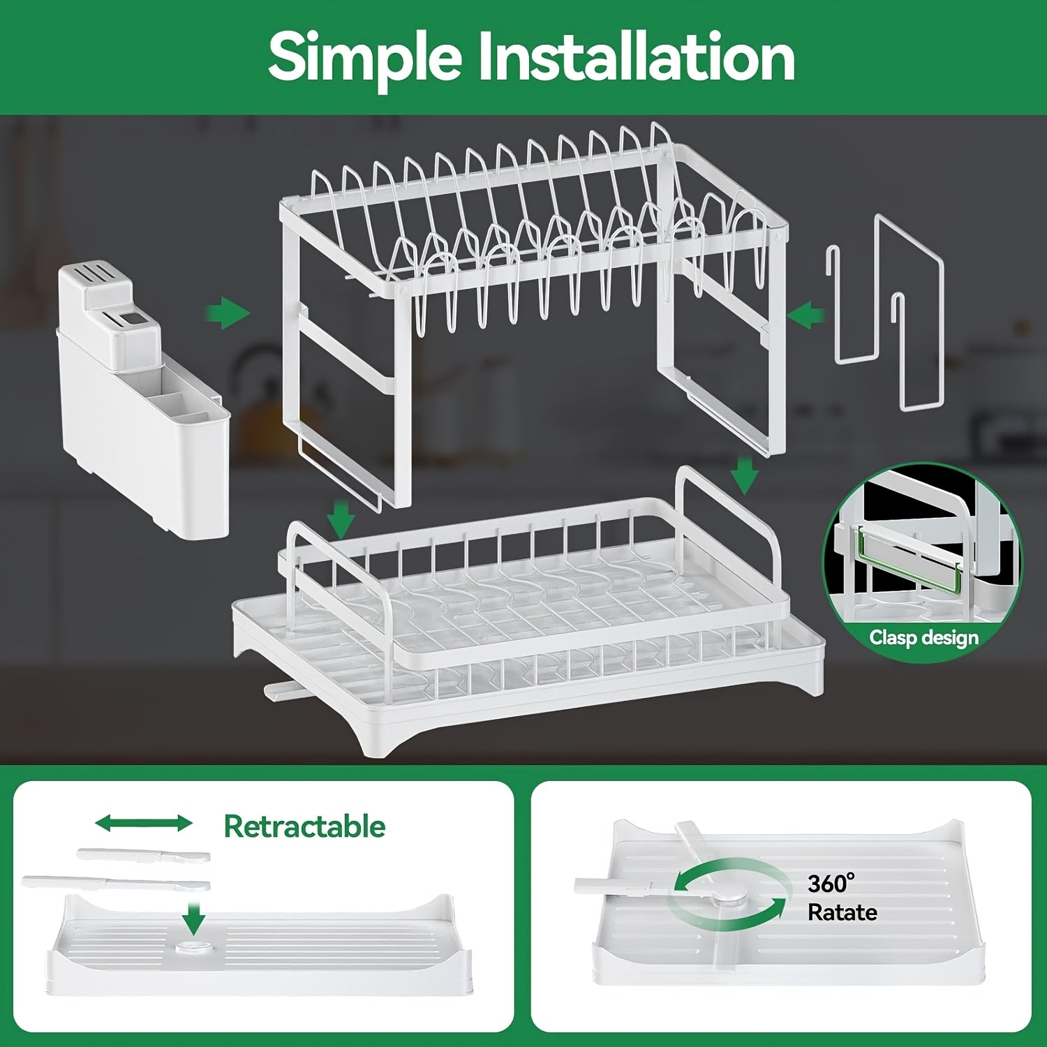 Multifunctional Dish Rack Organizer, Rustproof 2-Tier Dish Drying Rack with Drainer Plate, Space Saving for Cutlery, Knives, Wooden Cutting Boards - Modern Kitchen Shelf | Durable Metal Construction Kitchen Organizer Free Cleaning Cloth White, Dish Rack