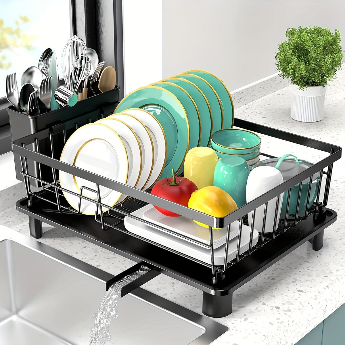 Dish Drying Rack - Large-Capacity Dish Drainer | Kitchen Counter Organizer with Cutlery Holder for Dishes, Spoons, and Forks