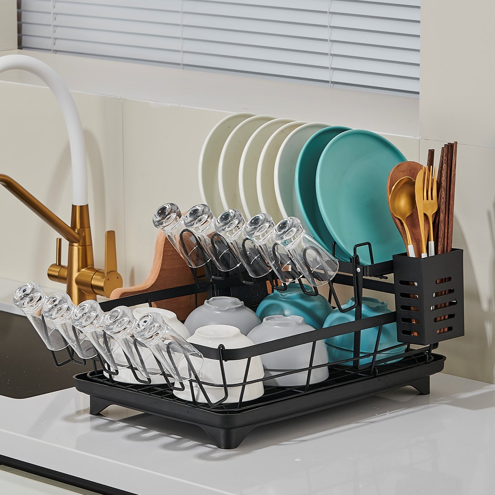 Kitchen double-layer bowl and chopstick rack, drain rack with drainage tray, dishwasher rack, dishwasher basket, stainless steel, knife holder, cutting board holder, chopstick holder, double-layer, rust proof large capacity automatic drainage bowl rack