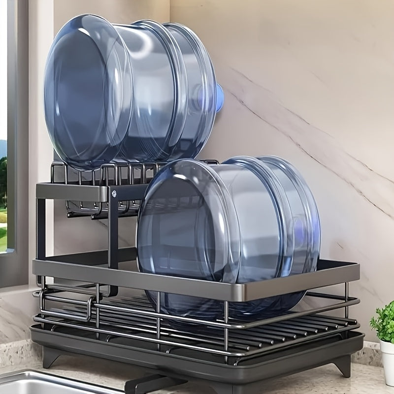 [Durable Dish Rack] Large 2-Tier Metal Dish Rack | Two-Tier Carbon Steel, Space-Saving, Durable, Rust-Proof with Cutlery And Cup Holder And Drainboard, Suitable for Kitchen Counter