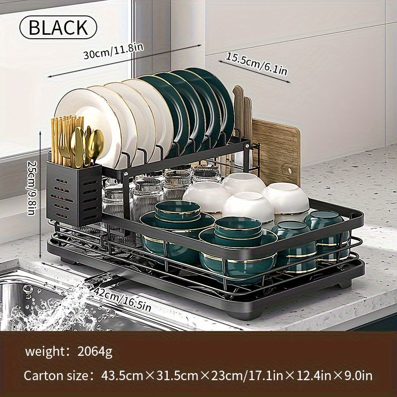 2-Tier Stainless Steel Kitchen Dish Drying Rack with Drain Tray, Knife Holder & Cutting Board Stand - Rustproof Large Capacity Auto Drainage Organizer for Bowls, Plates, Cups, Utensils & Chopsticks, Utensil Holder, Spacesaving Design, Dish Drying Rack for