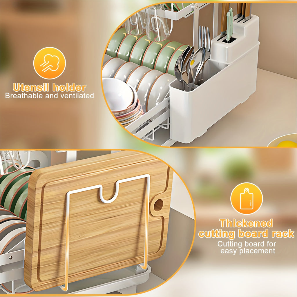 1pc Large 2-Tier Carbon Steel Dish Drying Rack With Drainboard, Glass & Utensil Holders, And Extra Drying Mat - Rust-Resistant Metal Dish Drainer For Kitchen Countertop, Black