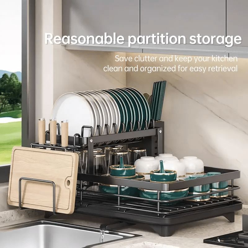 Kitchen double-layer bowl and chopstick rack, drain rack with drainage tray, dishwasher rack, dishwasher basket, stainless steel, knife holder, cutting board holder, chopstick holder, double-layer, rust proof large capacity automatic drainage bowl rack