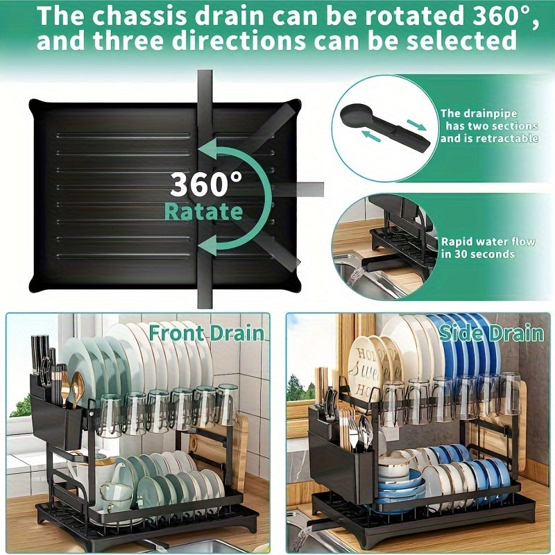 1pc Large 2-Tier Stainless Steel Dish Drying Rack with Drip Plate - Space-Saving Kitchen Counter Organizer for Dishes, Knives, Cups, Cutting Boards - Multi-Use, No Assembly Required, Dish Drying Rack for Kitchen Counter, Utility Racks