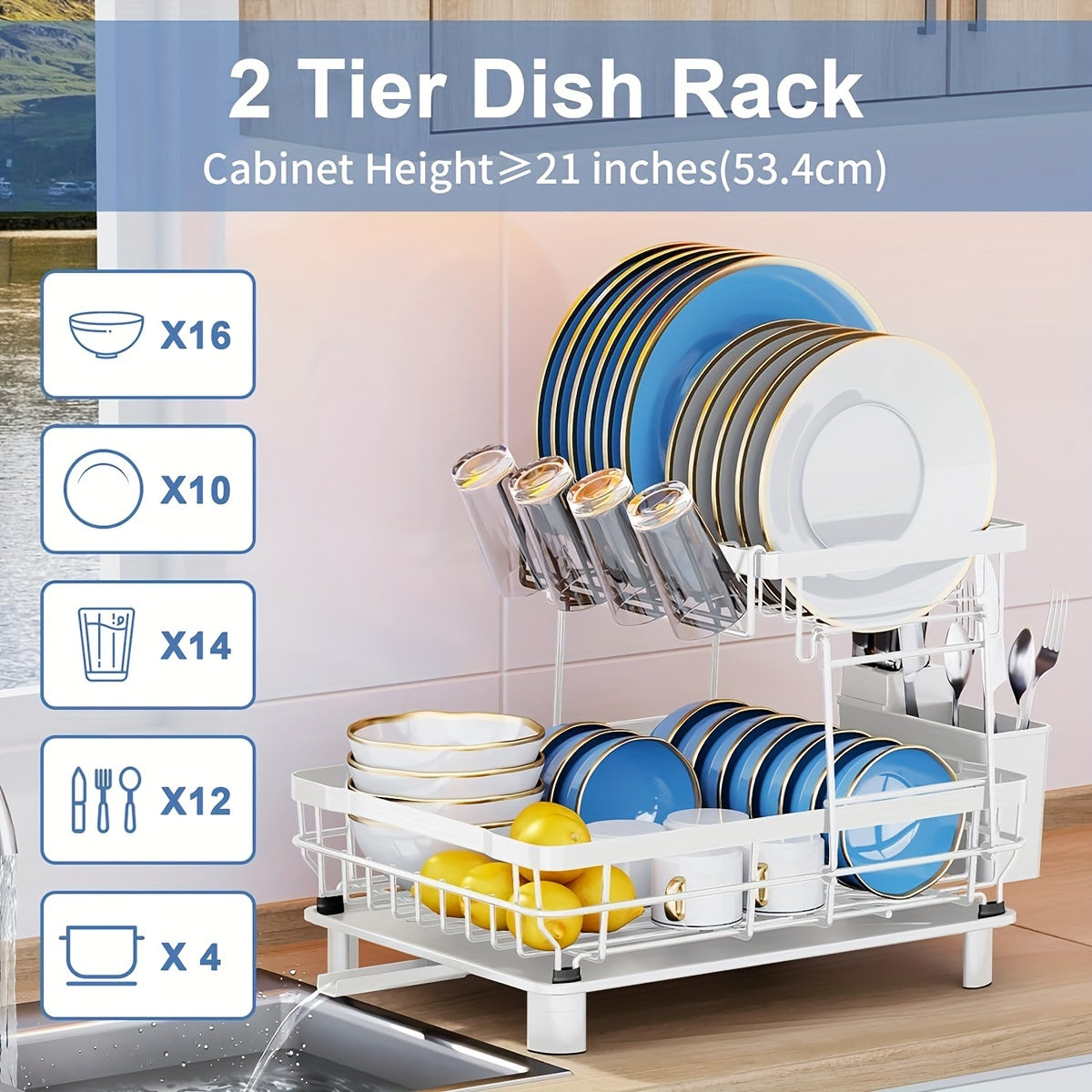 [2-Tier Dish Drying Rack] Large Capacity 2-Tier Dish Drying Rack for Kitchen Counter | Removable Utensil Holder, Drainboard, Kitchen Sink