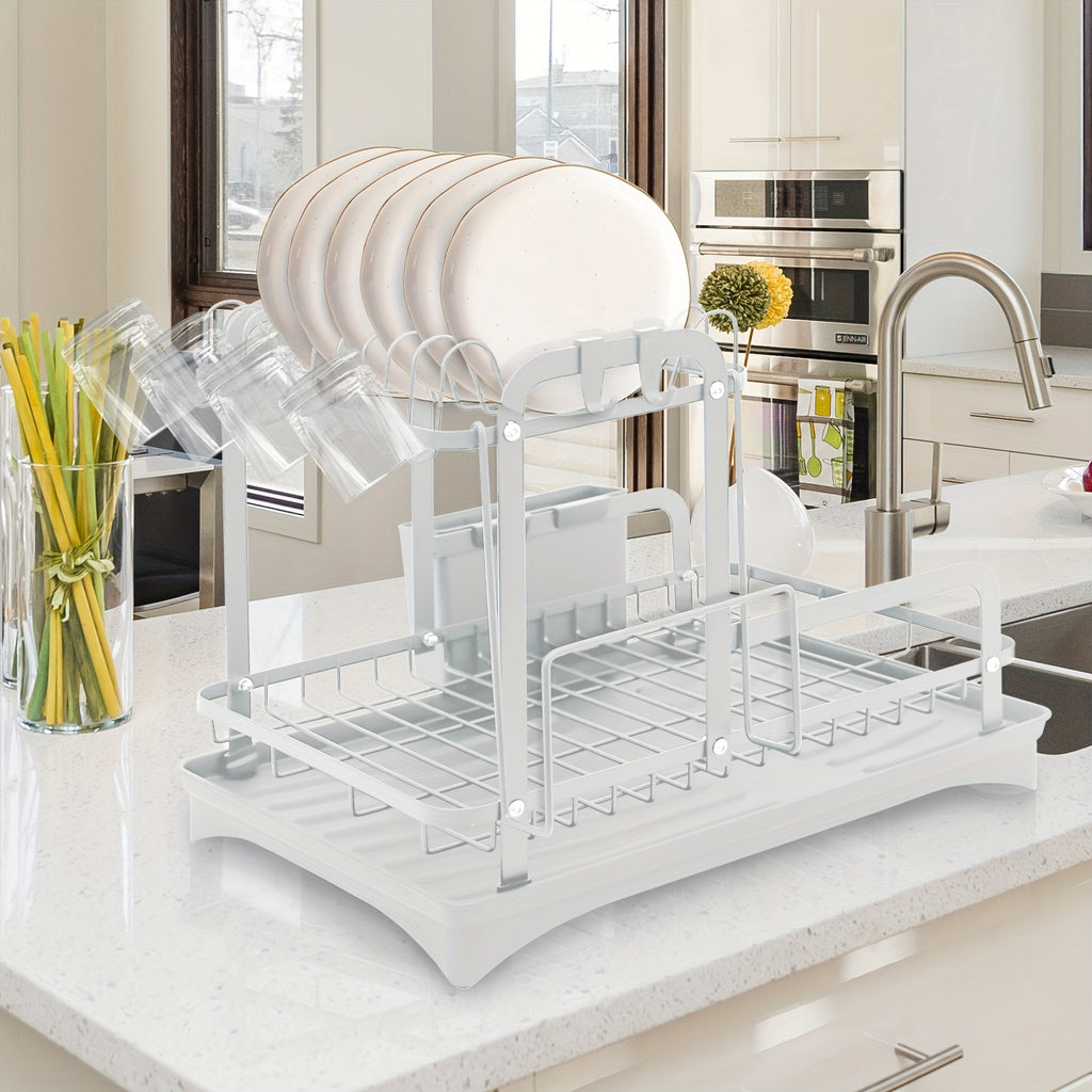 2 Tier Dish Rack With Drainboard, Dish Drying Rack 2 Tier Drainer Kitchen Counter, Cutlery Holder, Cutting-Board Holder, Cup Holder And 2 Hooks, Large Dish Racks