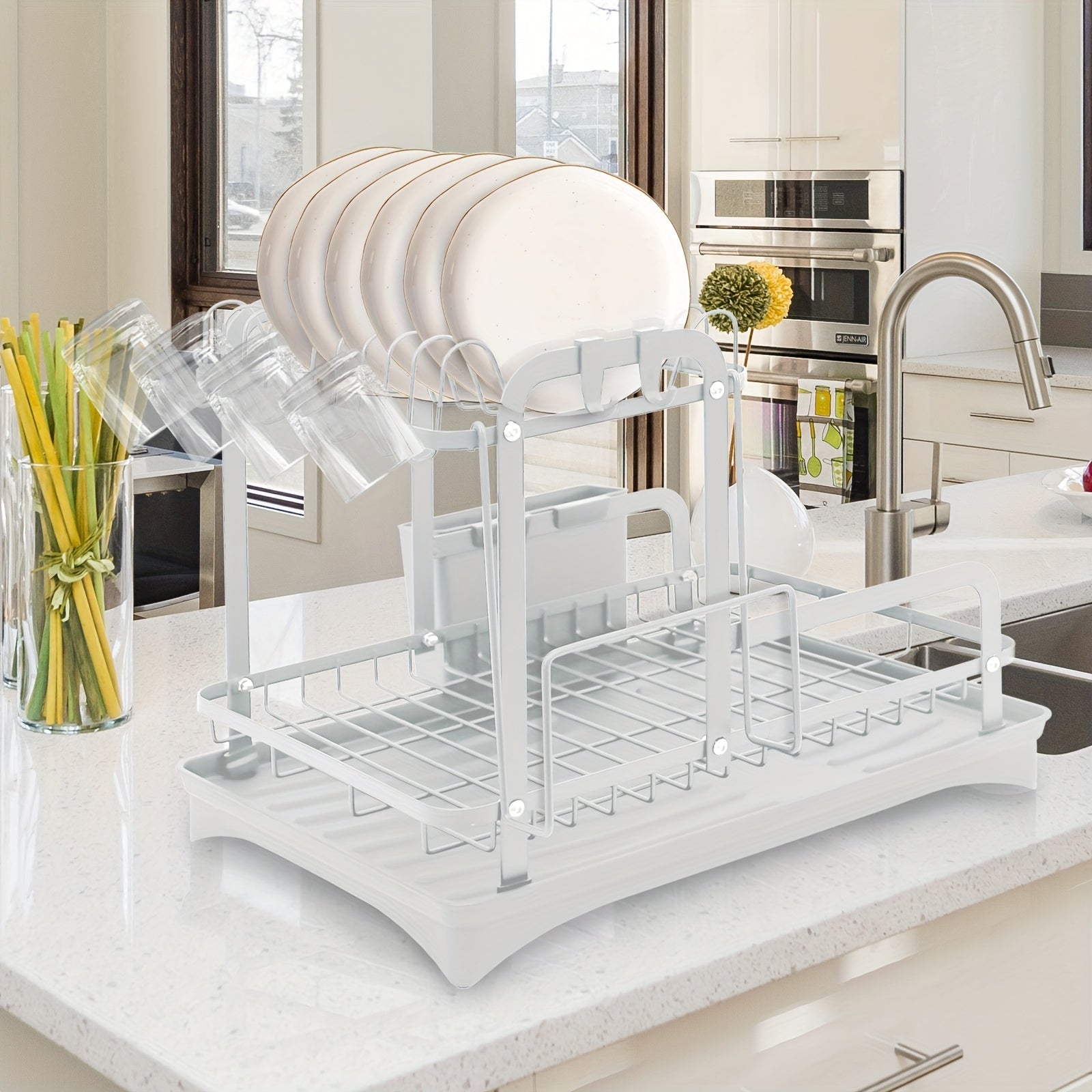 2 Tier Dish Rack With Drainboard, Dish Drying Rack 2 Tier Drainer Kitchen Counter, Cutlery Holder, Cutting-Board Holder, Cup Holder And 2 Hooks, Large Dish Racks