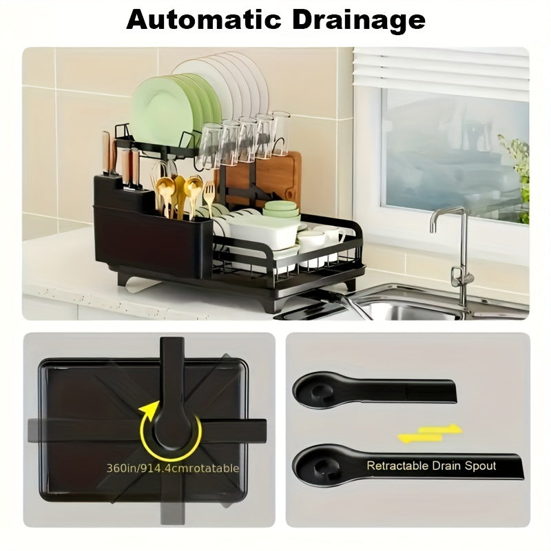 2-Tier Dish Drying Rack Kitchen Counter, Detachable Dish Drainer with Utensil Holder And Cup Rack, Black - Plate Rack Large - Black Dish Racks, Anti-rust Collapsible