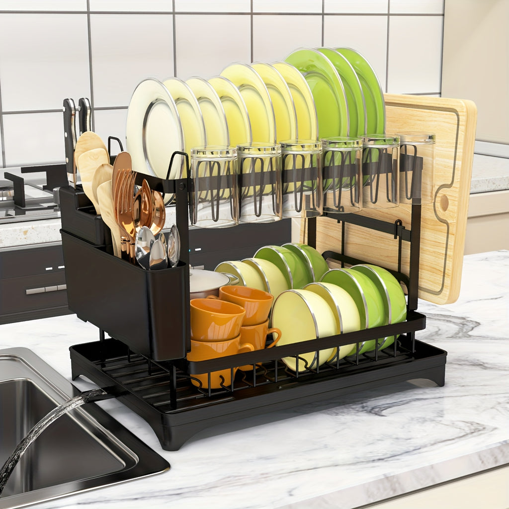 Dish Drying Rack, 2-Tier Dish Racks For Kitchen Counter, Dish Rack With Drainboard & Mat, Dish Drainer With Knife, Fork & Cup Rack, Gifts For Women, Mothers Day, Cool Stuff & Kitchen Gadgets