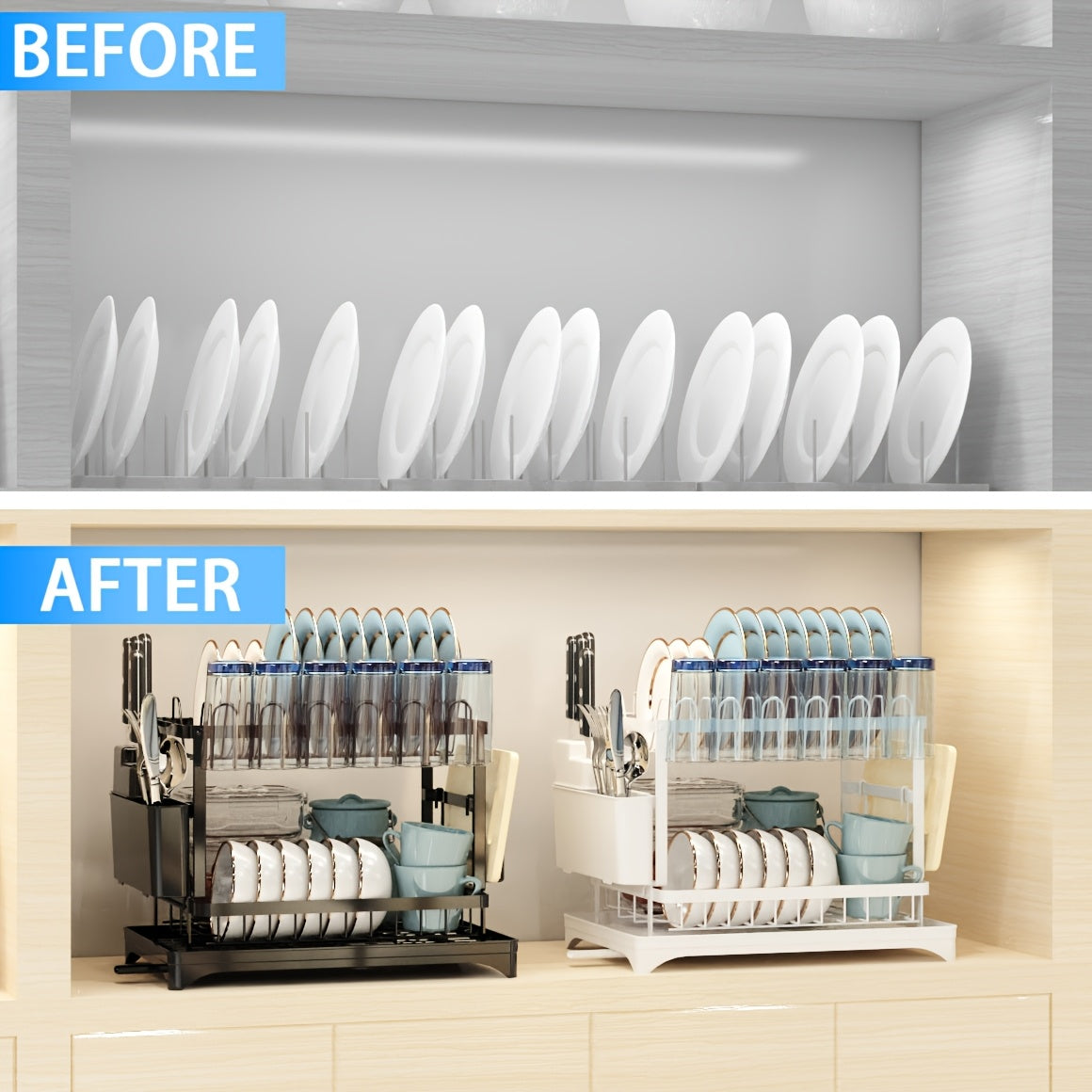 Golden Type 2-Layer Dish Drain Rack - Space-Saving Kitchen Countertop Organizer with Knife Cup and Cutlery Rack for Bowl and Chopsticks - Perfect for Retail Store Display and Home Use