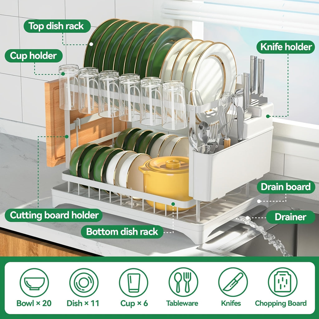 Multifunctional Dish Rack Organizer, Rustproof 2-Tier Dish Drying Rack with Drainer Plate, Space Saving for Cutlery, Knives, Wooden Cutting Boards - Modern Kitchen Shelf | Durable Metal Construction Kitchen Organizer Free Cleaning Cloth White, Dish Rack