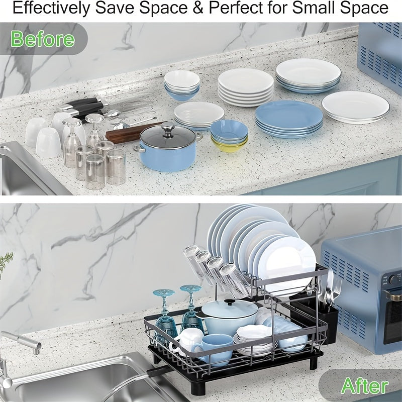2-Tier Dish Drying Rack, Large Collapsible Kitchen Sink Organizer, Black Dish Rack for Kitchen Countertop with Utensil Holder, Cup Holder and Chopping Board Holder