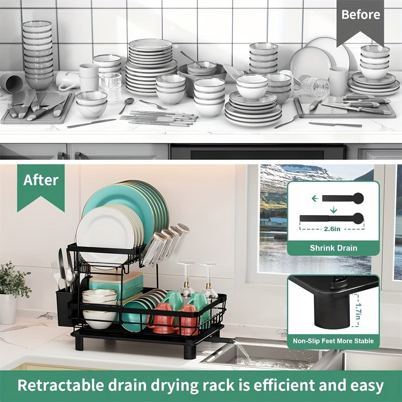 2-Tier Dish Drying Rack, Large Collapsible Kitchen Sink Organizer, Black Dish Rack for Kitchen Countertop with Utensil Holder, Cup Holder and Chopping Board Holder