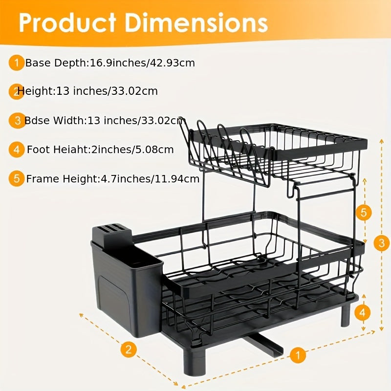 2-Tier Dish Drying Rack, Large Collapsible Kitchen Sink Organizer, Black Dish Rack for Kitchen Countertop with Utensil Holder, Cup Holder and Chopping Board Holder