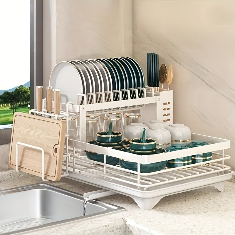 Heavy-Duty Dish Drying Rack - Space-Saving 2-Tier Dish Drainer with Drainboard, Plate, Bowl, Cup, Knife, Fork Rack - Compact Kitchen Organizer for Countertop, Sink - Ideal Mother's Day Gift for Women, Home & Restaurant Use, Sleek Design, Durable