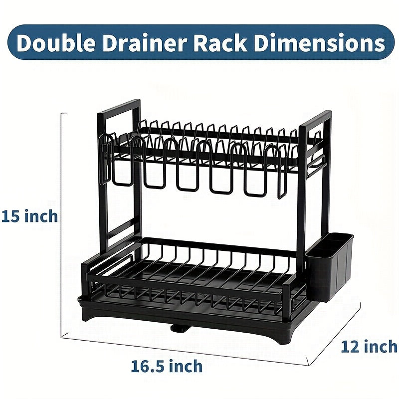 Large 2-Tier Dish Drying Rack for Kitchen Counter, Detachable Large Capacity Dish Drainer Organizer with Utensil Holder, Dish Drying Rack with Drain Board, Plate, Silverware, Pots and Pans Drying Rack for Kitchen