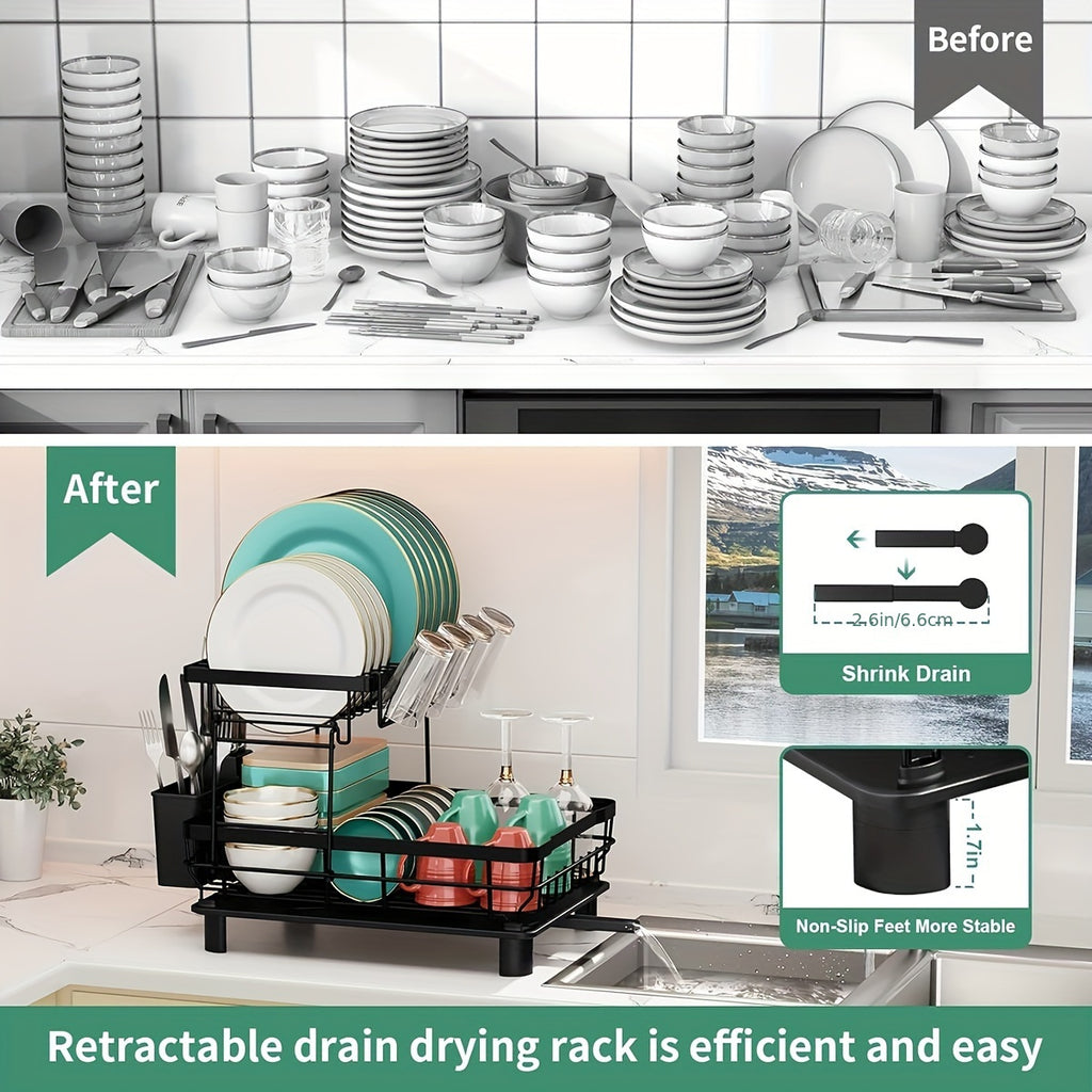 [2-Tier Dish Drying Rack] Large Capacity 2-Tier Dish Drying Rack for Kitchen Counter | Removable Utensil Holder, Drainboard, Kitchen Sink
