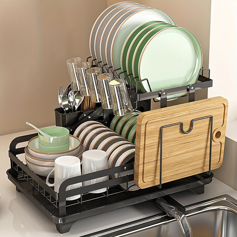 2-Tier Dish Drying Rack Kitchen Counter, Detachable Dish Drainer with Utensil Holder And Cup Rack, Black - Plate Rack Large - Black Dish Racks, Anti-rust Collapsible