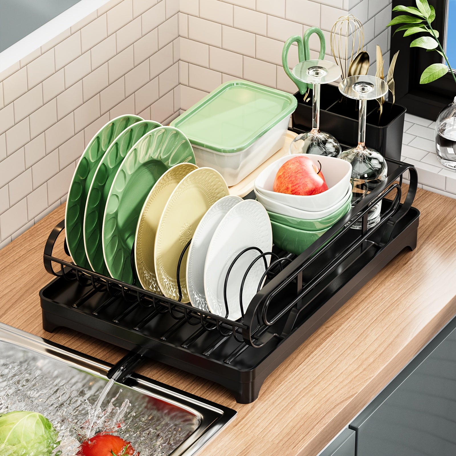 Dish Drying Rack, Dish Rack, Dish Racks For Kitchen Counter, Dish Drainer With Removable Utensil Holder, Drainboard And Swivel Spout.