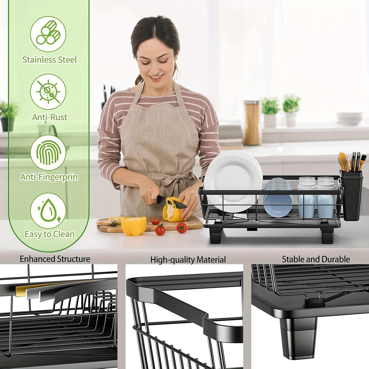 Dish Drying Rack - Large-Capacity Dish Drainer | Kitchen Counter Organizer with Cutlery Holder for Dishes, Spoons, and Forks