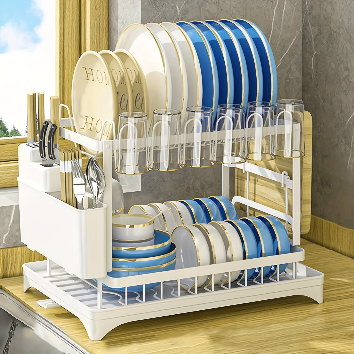 Multifunctional Dish Rack Organizer, Rustproof 2-Tier Dish Drying Rack with Drainer Plate, Space Saving for Cutlery, Knives, Wooden Cutting Boards - Modern Kitchen Shelf | Durable Metal Construction Kitchen Organizer Free Cleaning Cloth White, Dish Rack