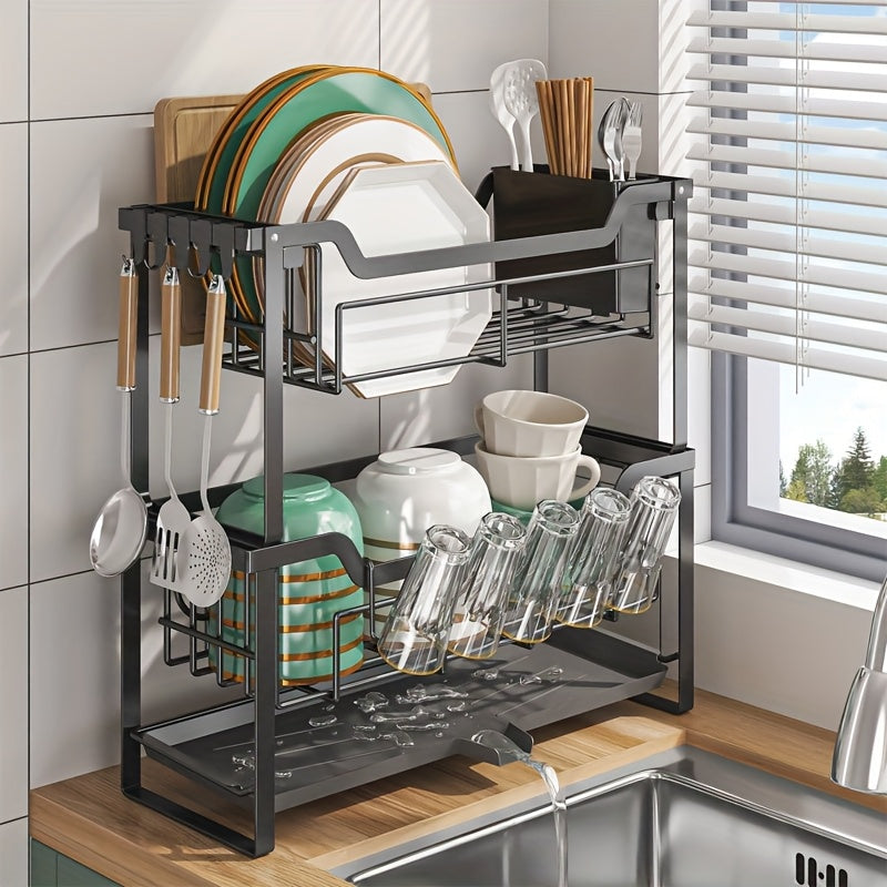 1pc Multifunctional Convenient Durable Kitchen Counter Top Sink Bowl Rack, Removable 2-tier Bowl Rack Drain Board, With Double-layer Bowl, Cup Rack, Drain Board, Adhesive Board Rack, Utensil Rack