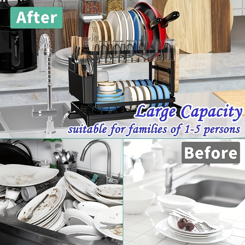 1pc Large 2-Tier Stainless Steel Dish Drying Rack with Drip Plate - Space-Saving Kitchen Counter Organizer for Dishes, Knives, Cups, Cutting Boards - Multi-Use, No Assembly Required, Dish Drying Rack for Kitchen Counter, Utility Racks