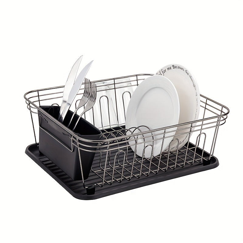Iron Dish Drying Rack with Utensil Holder, Rust-Resistant Grooved Drain Strainer with Strong Load-Bearing Capacity for Home Kitchen Storage