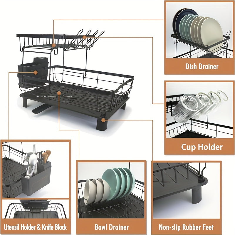 2-Tier Dish Drying Rack, Large Collapsible Kitchen Sink Organizer, Black Dish Rack for Kitchen Countertop with Utensil Holder, Cup Holder and Chopping Board Holder
