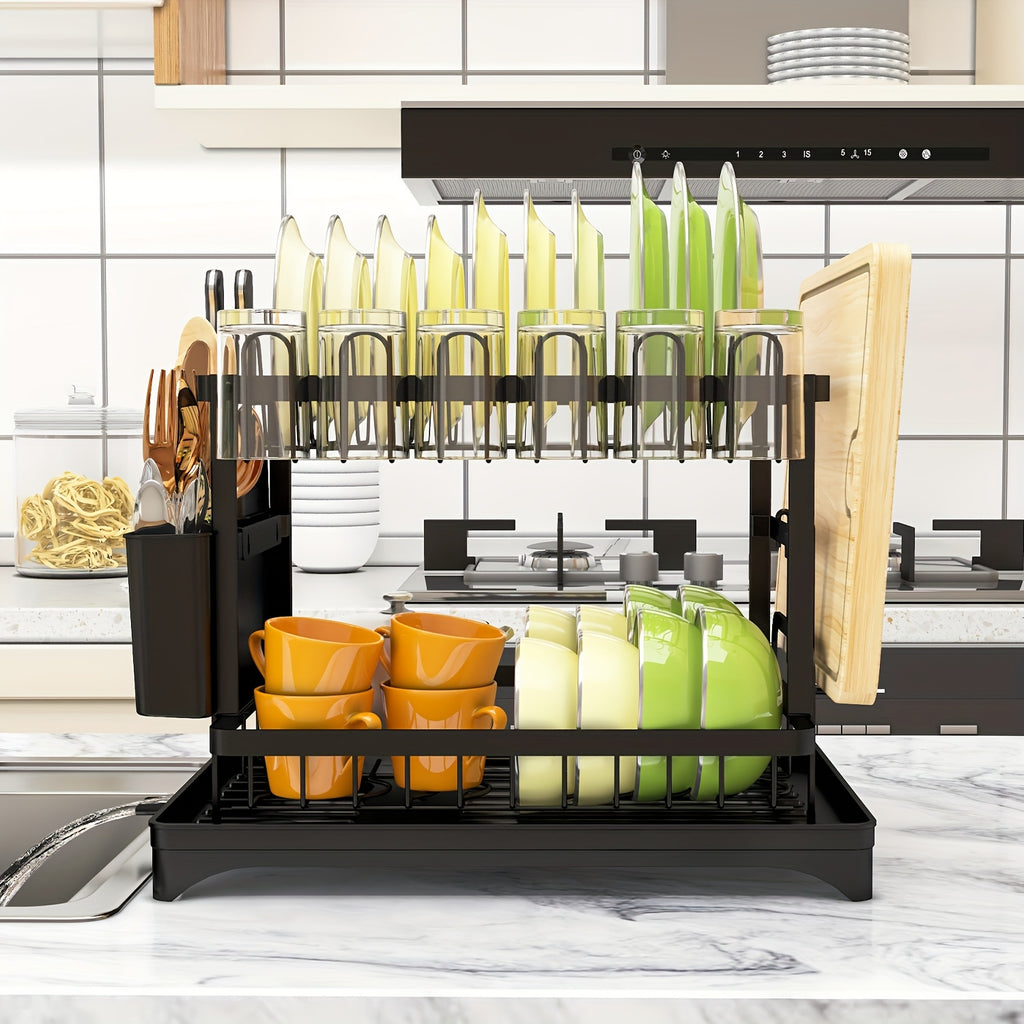 Dish Drying Rack, 2-Tier Dish Racks For Kitchen Counter, Dish Rack With Drainboard & Mat, Dish Drainer With Knife, Fork & Cup Rack, Gifts For Women, Mothers Day, Cool Stuff & Kitchen Gadgets