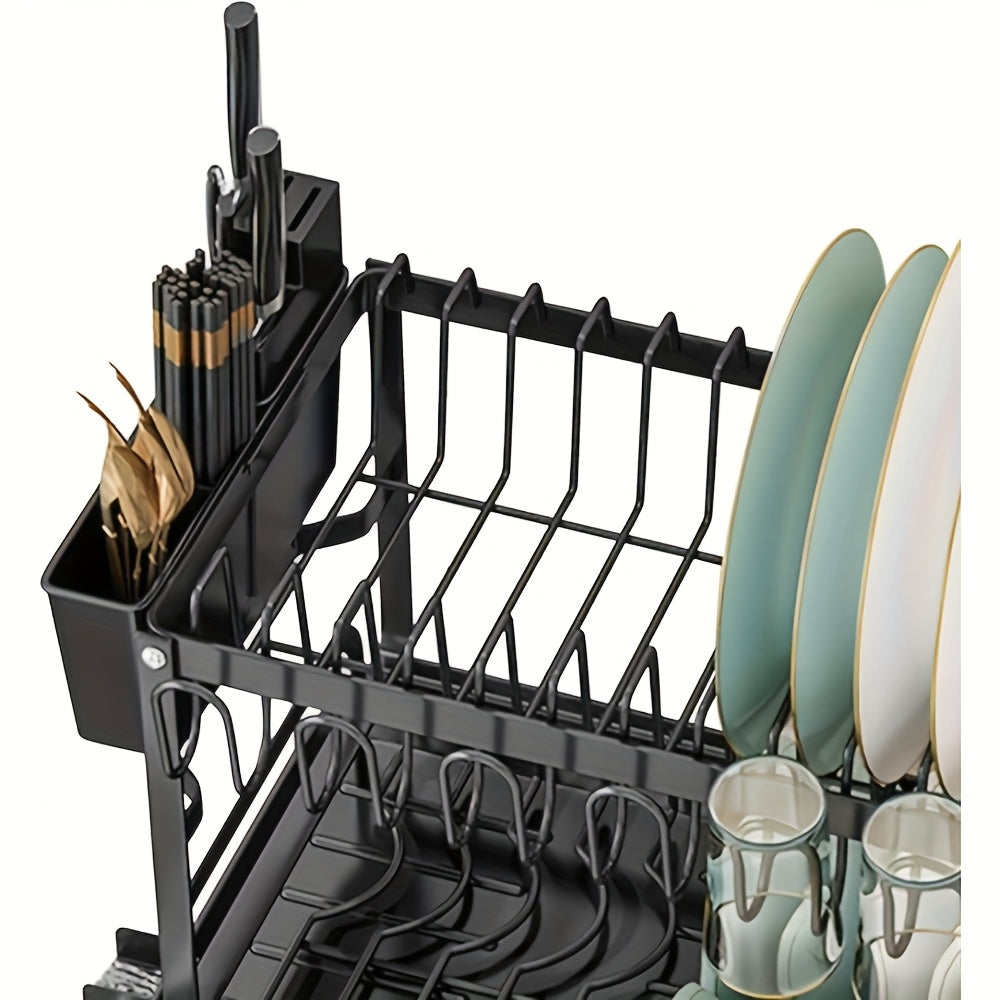 Two - Tier Kitchen Drying Rack with Utensil Holders - This Black, Detachable Metal Set Features a Drainboard And Is Designed As a Standing Shelf for Kitchen Counters. It'S Perfect for Drying Dishes And Keeping Utensils Within Reach. Use It in Any Kitchen