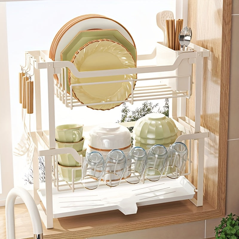 1pc Multifunctional Convenient Durable Kitchen Counter Top Sink Bowl Rack, Removable 2-tier Bowl Rack Drain Board, With Double-layer Bowl, Cup Rack, Drain Board, Adhesive Board Rack, Utensil Rack