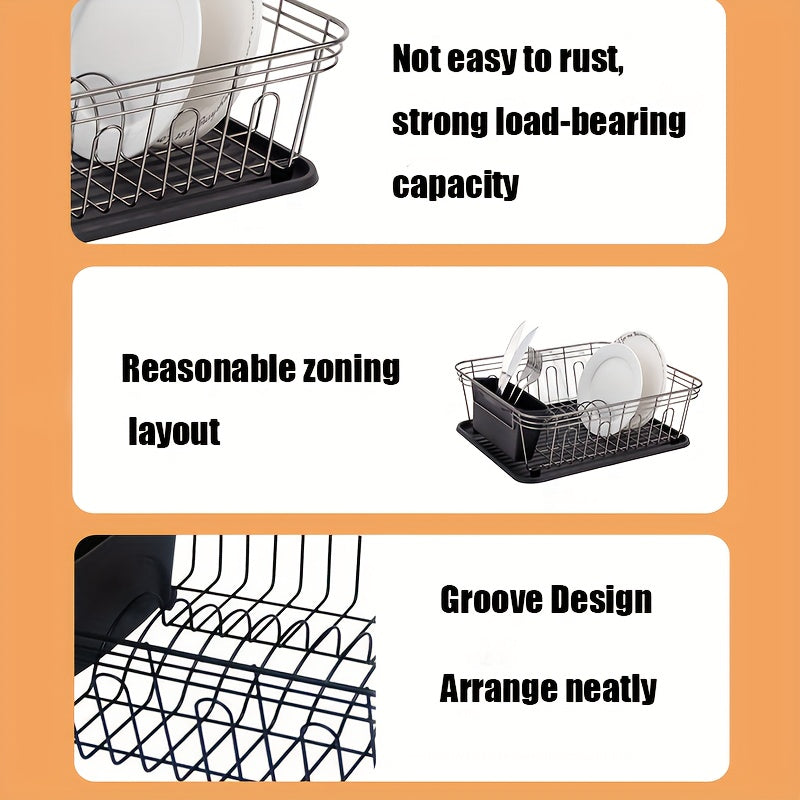 Iron Dish Drying Rack with Utensil Holder, Rust-Resistant Grooved Drain Strainer with Strong Load-Bearing Capacity for Home Kitchen Storage