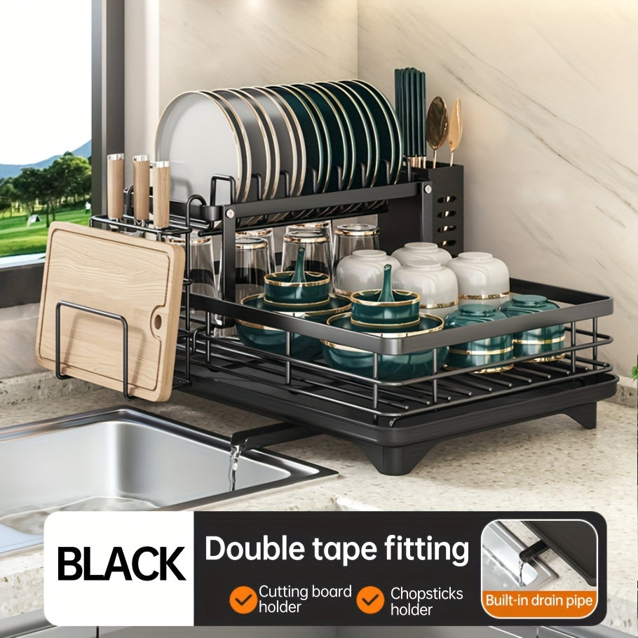 1pc Deluxe 2-Tier Kitchen Carbon Steel Dish Rack with Auto Drain, Knife Rack and Chopping Board Rack - Rust-resistant carbon steel, large capacity, easy to clean, ideal for bowl and chopstick storage, kitchen storage solution