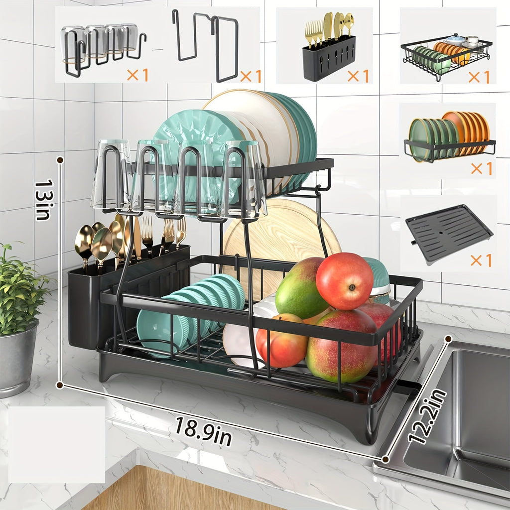 Dish Drying Rack, 2-Tier Dish Racks For Kitchen Counter, Dish Rack With Drainboard & Mat, Dish Drainer With Knife, Fork & Cup Rack, Gifts For Women, Mothers Day, Cool Stuff & Kitchen Gadgets