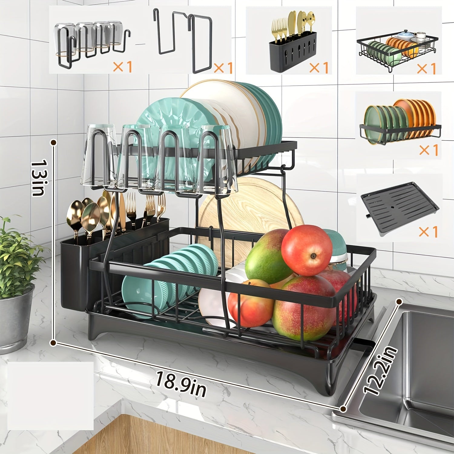 Dish Drying Rack, 2-Tier Dish Racks For Kitchen Counter, Dish Rack With Drainboard & Mat, Dish Drainer With Knife, Fork & Cup Rack, Gifts For Women, Mothers Day, Cool Stuff & Kitchen Gadgets