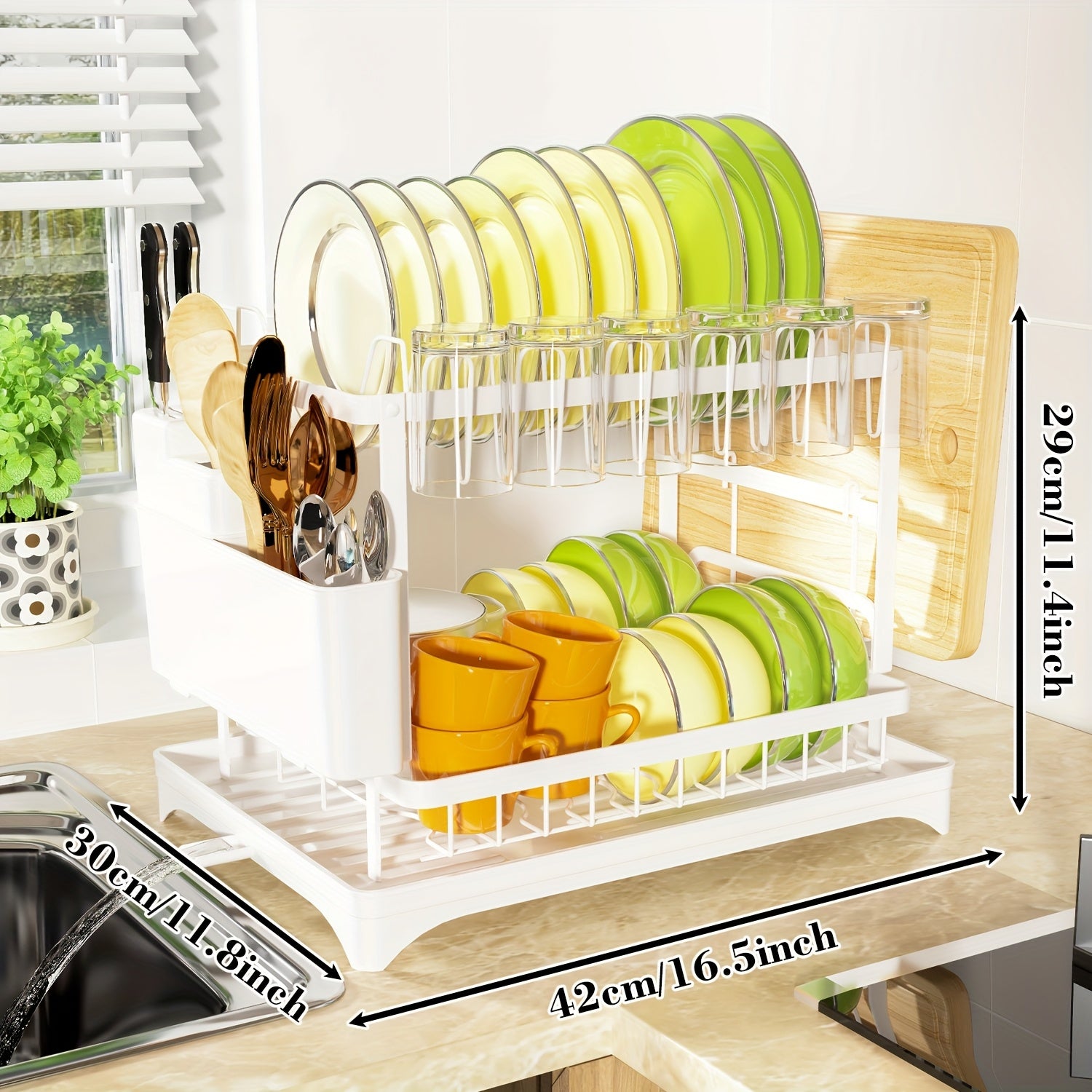 Dish Drying Rack, 2-Tier Dish Racks For Kitchen Counter, Dish Rack With Drainboard & Mat, Dish Drainer With Knife, Fork & Cup Rack, Gifts For Women, Mothers Day, Cool Stuff & Kitchen Gadgets