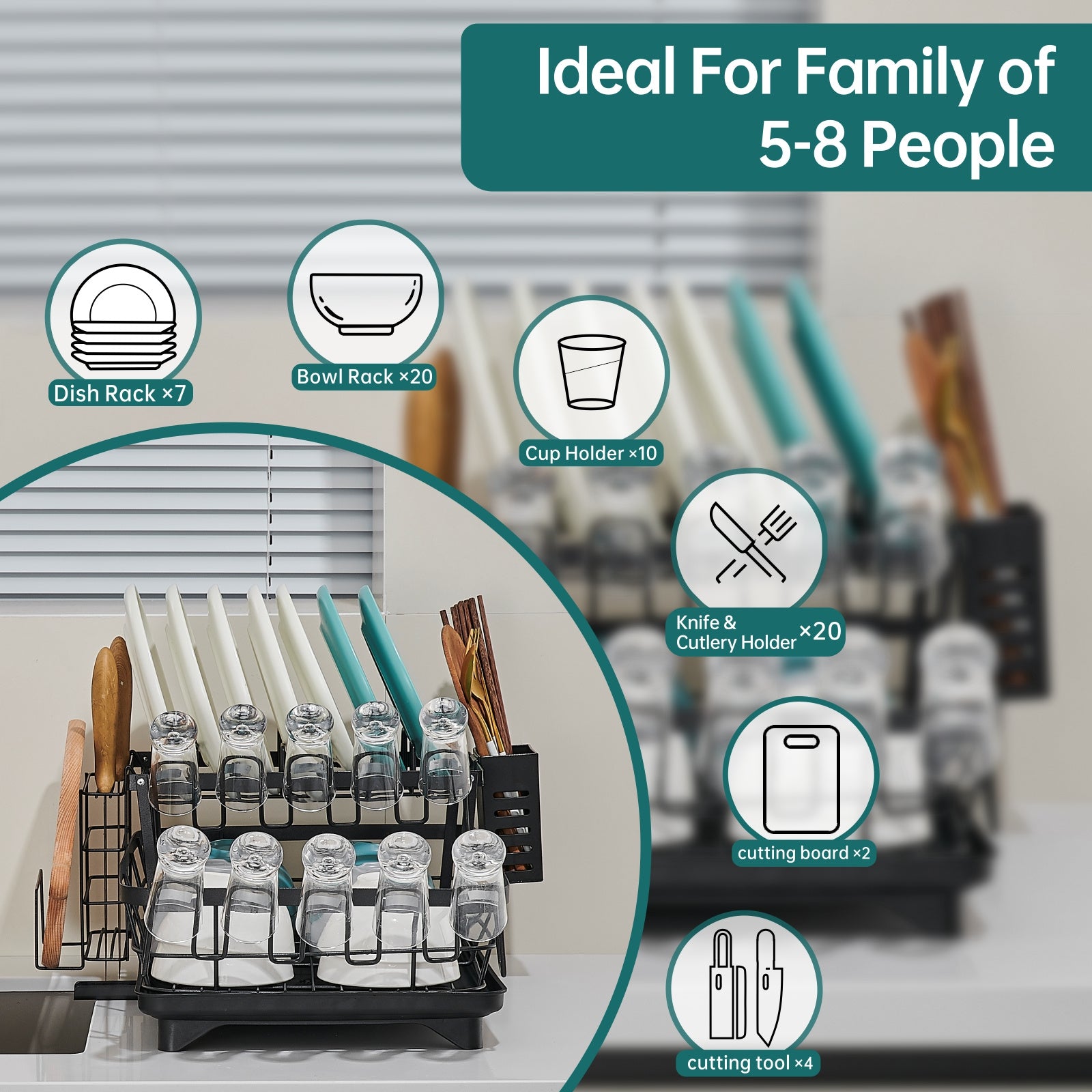Kitchen double-layer bowl and chopstick rack, drain rack with drainage tray, dishwasher rack, dishwasher basket, stainless steel, knife holder, cutting board holder, chopstick holder, double-layer, rust proof large capacity automatic drainage bowl rack