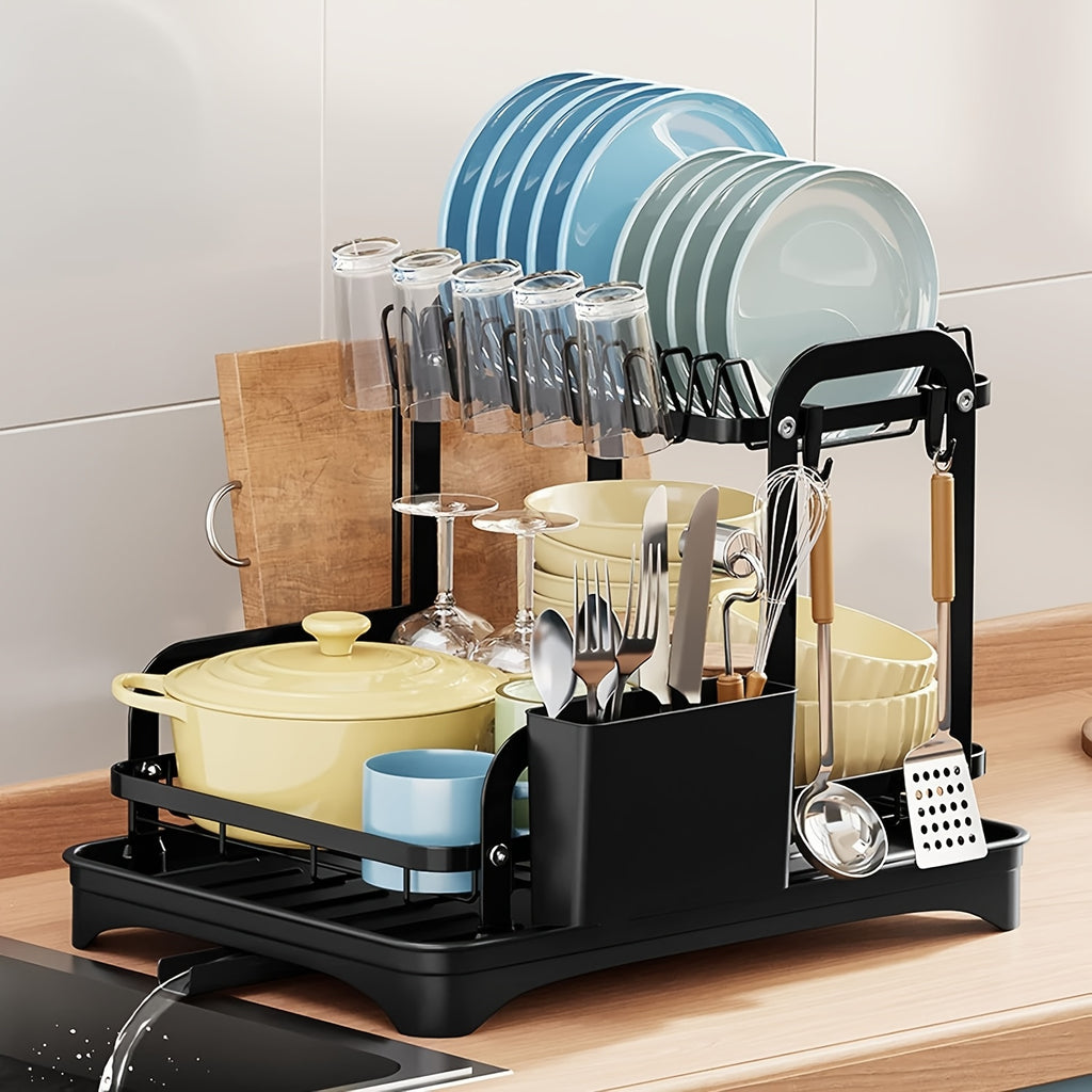 2 Tier Dish Rack With Drainboard, Dish Drying Rack 2 Tier Drainer Kitchen Counter, Cutlery Holder, Cutting-Board Holder, Cup Holder And 2 Hooks, Large Dish Racks
