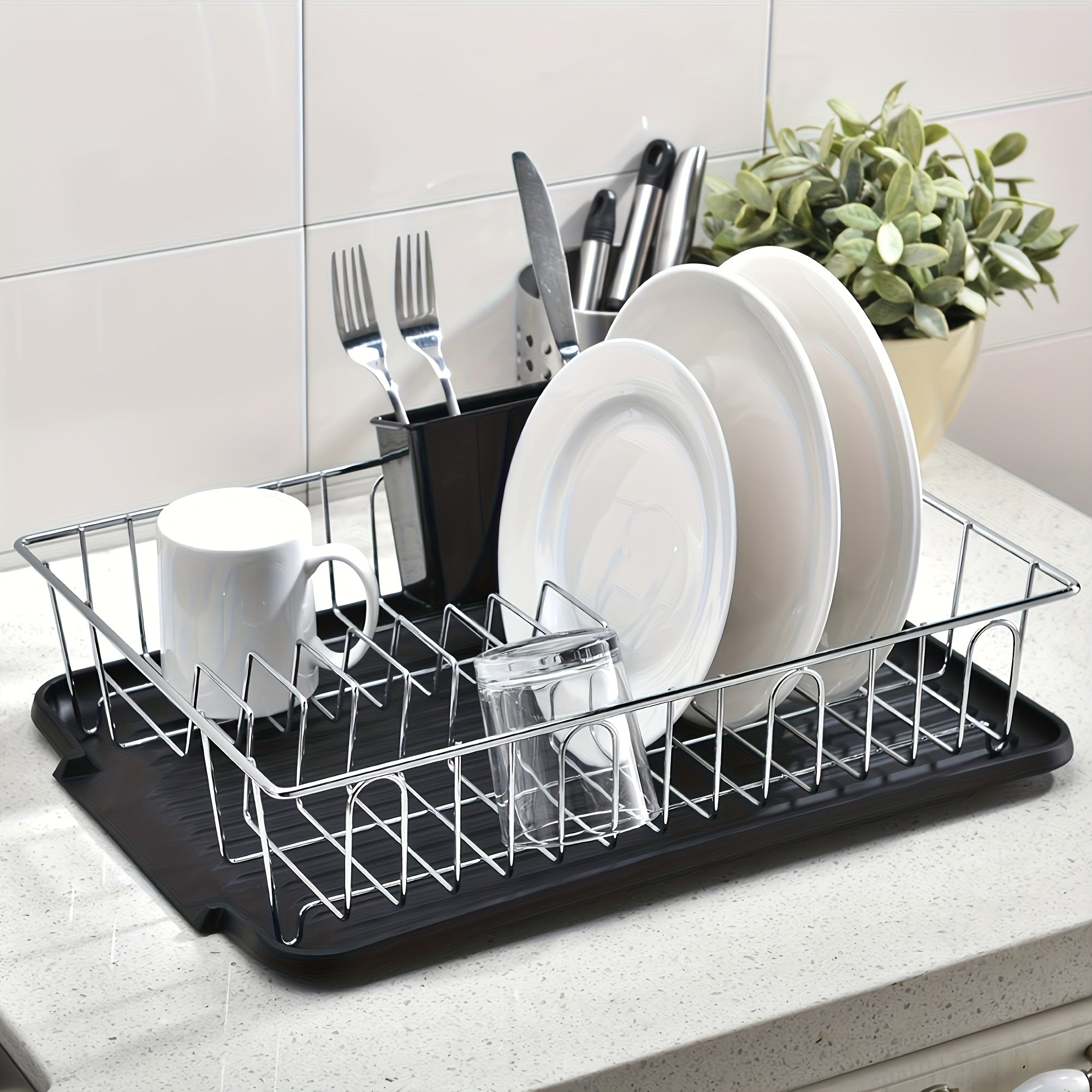 1 Set Dish Drying Rack, Dish Rcks for Kitchen Counter, Small Stainless Dteel Dish Drainer Dack with Black Cutlery Holder And Drainboard