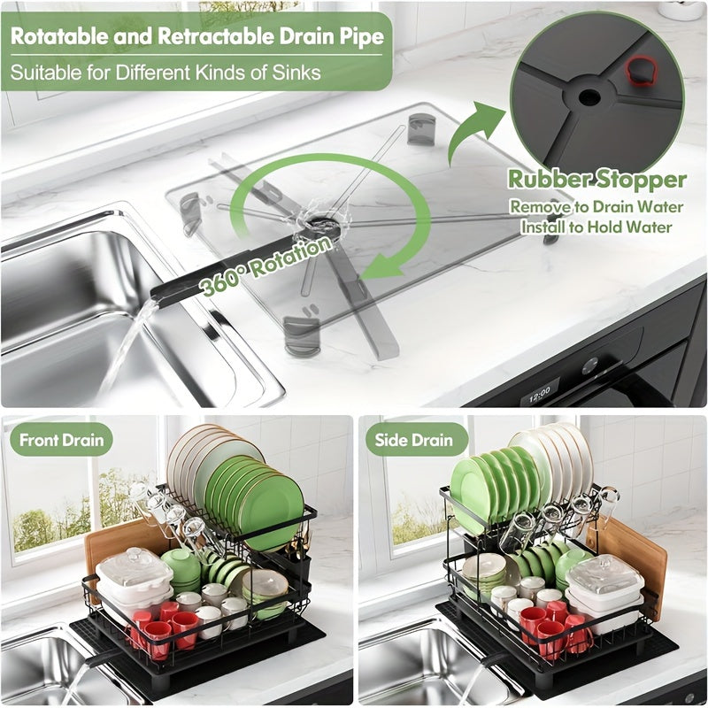 2-Tier Dish Drying Rack, Large Collapsible Kitchen Sink Organizer, Black Dish Rack for Kitchen Countertop with Utensil Holder, Cup Holder and Chopping Board Holder