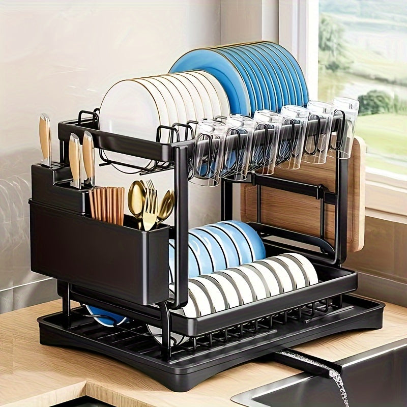 1pc Large 2-Tier Stainless Steel Dish Drying Rack with Drip Plate - Space-Saving Kitchen Counter Organizer for Dishes, Knives, Cups, Cutting Boards - Multi-Use, No Assembly Required, Dish Drying Rack for Kitchen Counter, Utility Racks