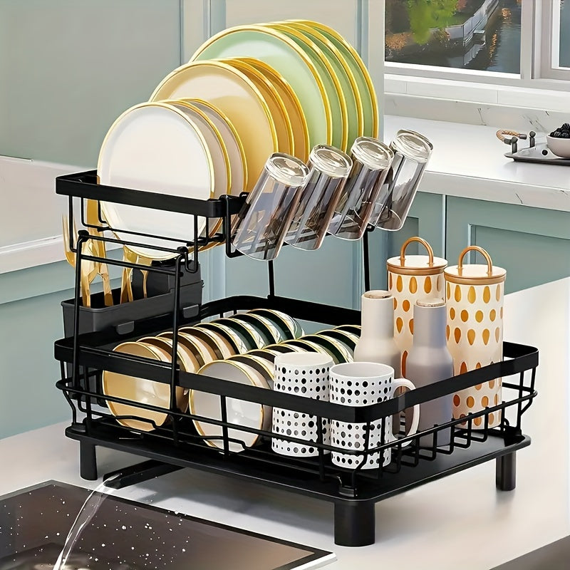 2-Tier Dish Drying Rack, Large Collapsible Kitchen Sink Organizer, Black Dish Rack for Kitchen Countertop with Utensil Holder, Cup Holder and Chopping Board Holder