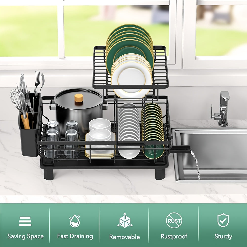 [Stainless Steel Dish Drying Rack] Dish Drying Rack For Kitchen Counter Sink, Durable Stainless Steel Dish Drainers With Drain Board, Cutlery Holder, Cups Holder And Swivel Spout
