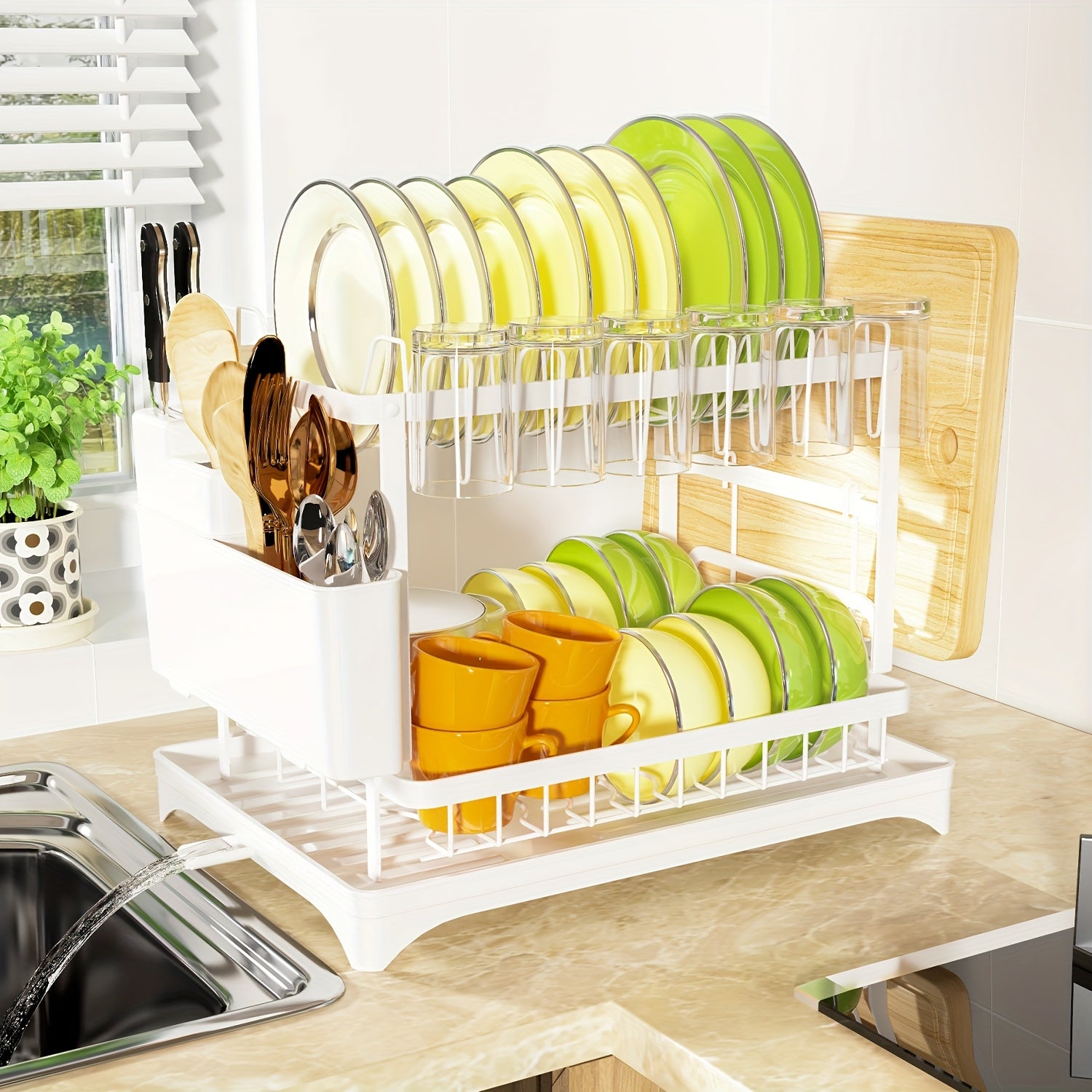 Dish Drying Rack, 2-Tier Dish Racks For Kitchen Counter, Dish Rack With Drainboard & Mat, Dish Drainer With Knife, Fork & Cup Rack, Gifts For Women, Mothers Day, Cool Stuff & Kitchen Gadgets